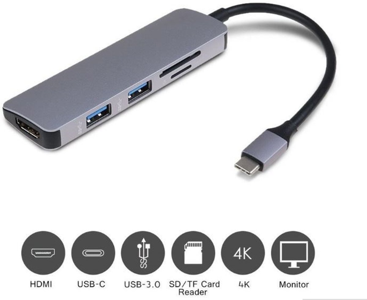 DrPhone 5 in 1 USB-C Expander – Type C HUB – USB-C --<gt/> 4K HDMI + 2x USB3.0 + SD/Micro SD Kaartlezer – Multifunctionele adapter – 4K 30hz (3840x2160) – Zilver Grijs